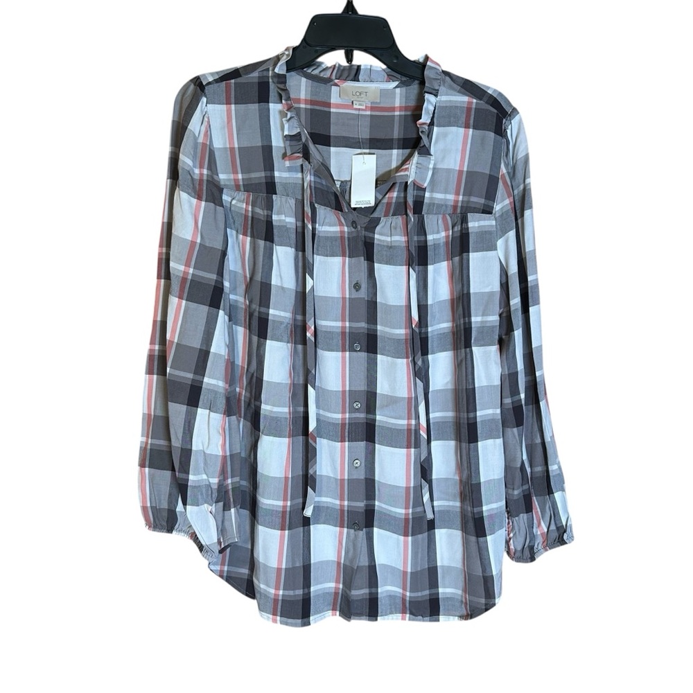 LOFT Outlet Women’s Plaid Blouse Ruffle Neck Long Sleeve Medium Flowy‎ NWT Gray